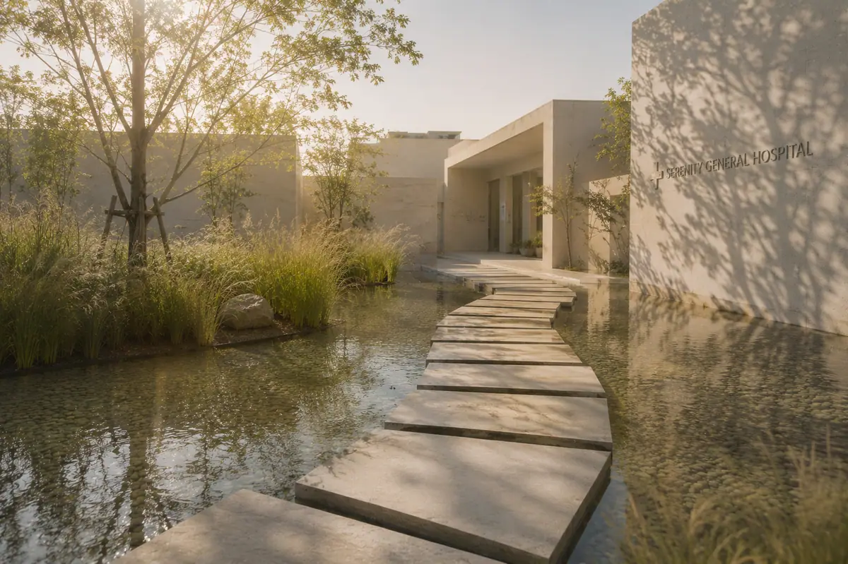 Wide regional landscape or clinic exterior, dusk light